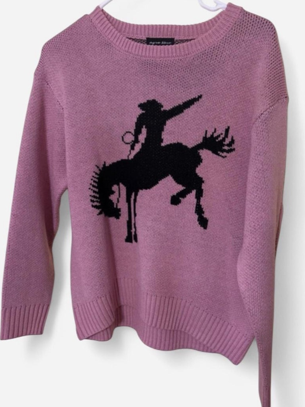 Agnes B. Dusty Rose Crewneck Sweater with Black Cowboy Intarsia